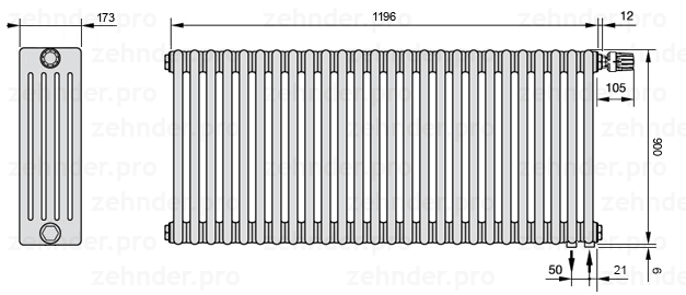 Схема (чертеж) Радиатор Zehnder Charleston 5090/26 №V002 Белый глянцевый RAL 9016